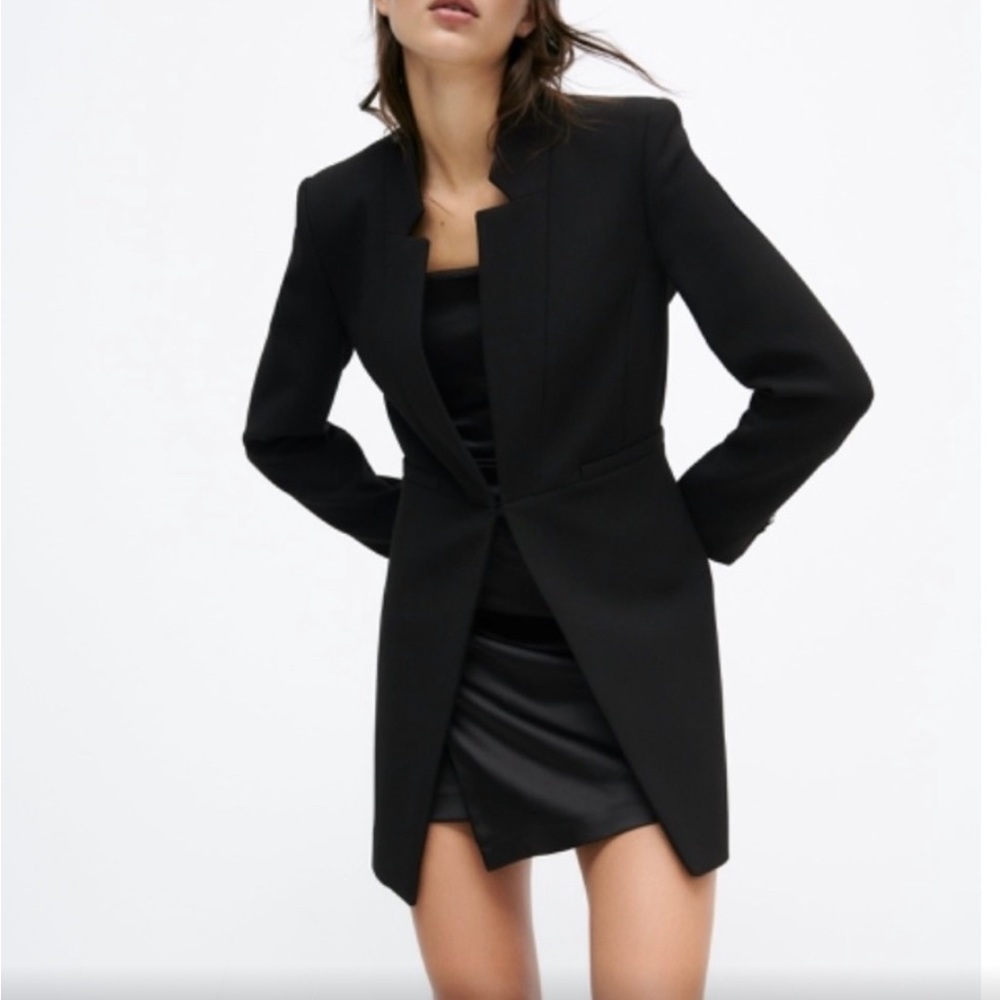 Zara Black Inverted Lapel Long Blazer Coat